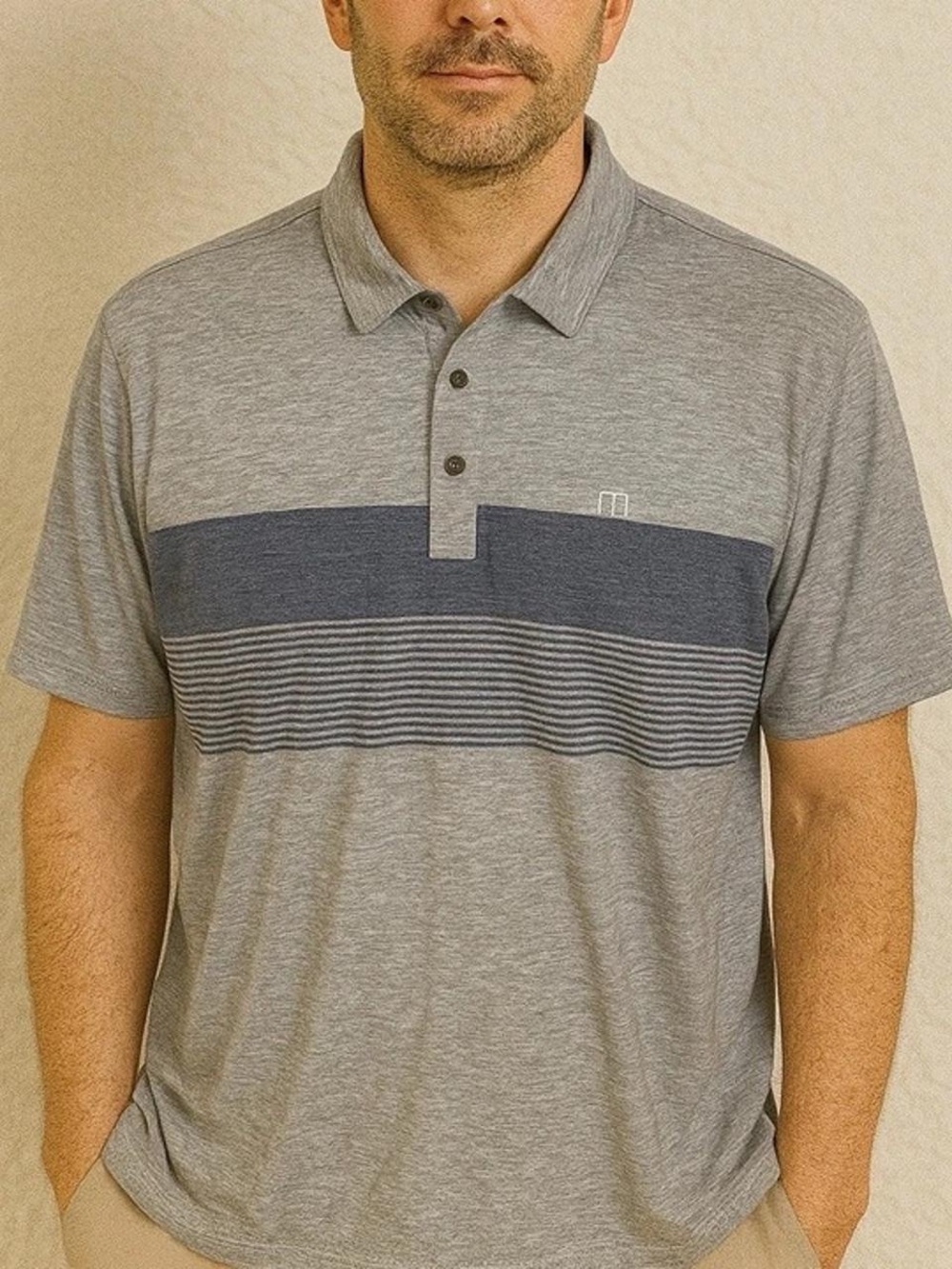 Travis Mathew Take Flight Stripe Polo Shirt Mens Size XXL Gray Blue Pima Cotton